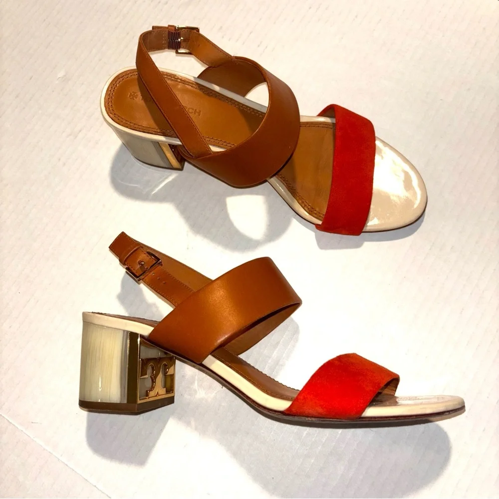 Tory Burch Two-Tone Tan and Orange Block Heel Sandals